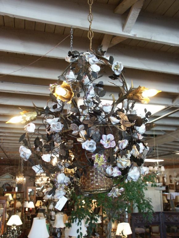 Early 20th C Basket Of Dresden Roses Chandelier