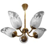 Five Armed Cieling Fixture In Etched Glass and Brass