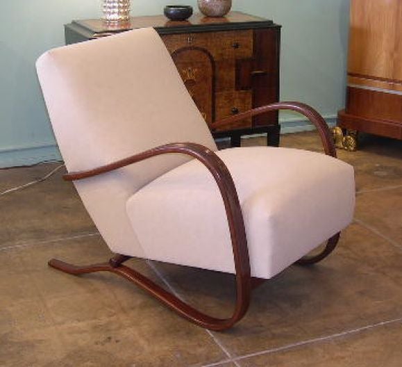 Pair of Thonet, Prague Mid-Century Bent Wood Lounge Chairs