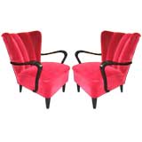 Pair of Swedish Art Deco Wing Back Chairs in Ruby Mohair Velvet