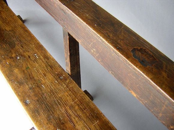 Antique wooden church bench, mortise and tenon construction