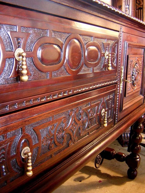 Early 20th c. Mahogany buffet with beautiful carvings. Part of dining room suite: vitrine, dining table and chairs available