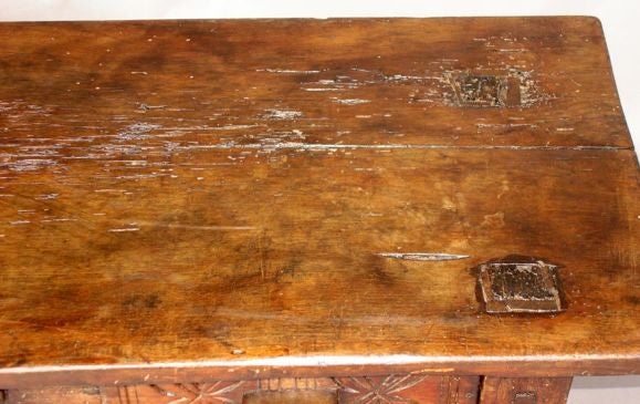 Antique Nahuala Table (Nahual means Animal Spirit) in Cipres wood. Dove tail and mortise and tenon construction. Carving throughout. Beautiful old patina. All three drawers have different style knobs. Perfect as a tall coffee table, or at the foot