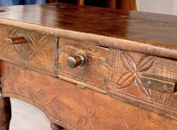 Guatemalan 19th Century Antique Carved Table With Three Drawers and Turned Legs