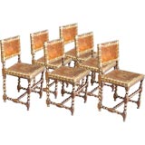 Antique Set of Six  Spanish Oak and Leather Side Chairs