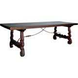 Antique Spanish Oak Lyre Leg Table With Iron Stretchers
