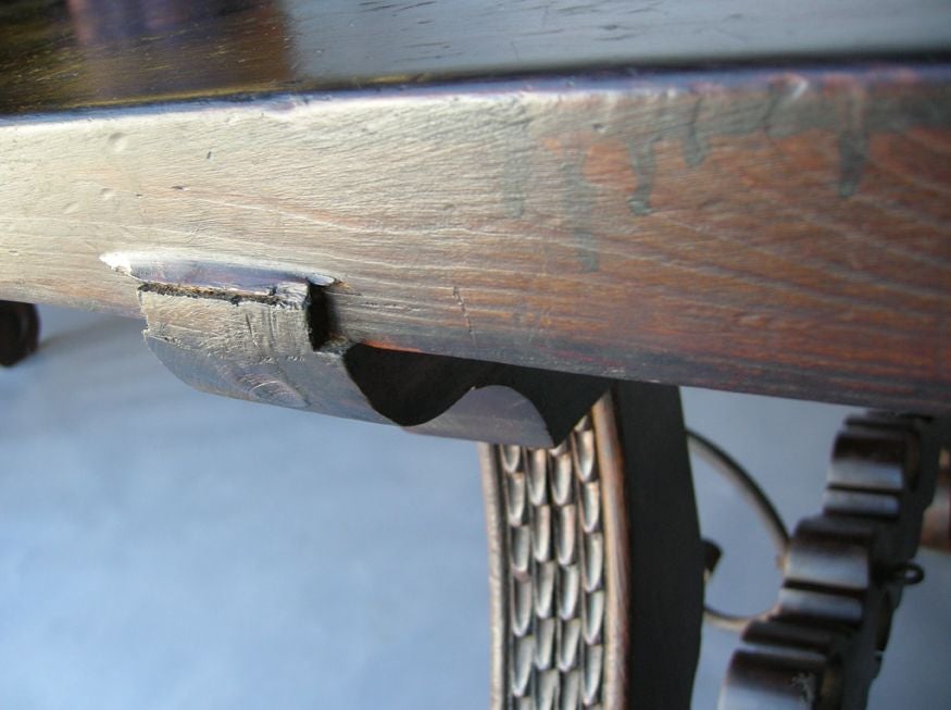 Antique Spanish Oak Lyre Leg Table With Iron Stretchers