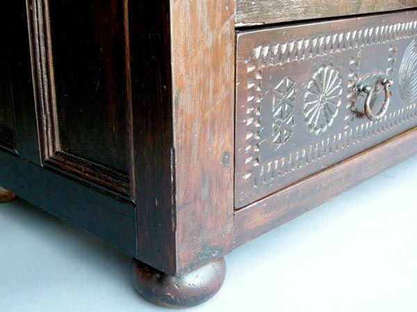 Beautifully hand carved replica of a 18th c. sacristy chest. Features three large drawers and cabinet.