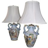 Antique Pair of Majolica Vases Mounted as Lamps