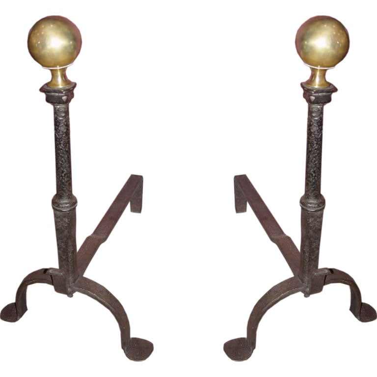 English 18th C Brass and Wrought Iron Andirons