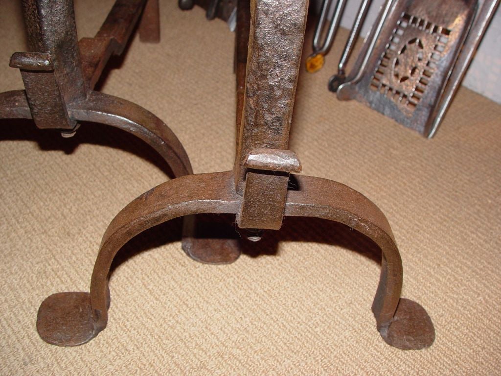 English 18th C Brass and Wrought Iron Andirons 1