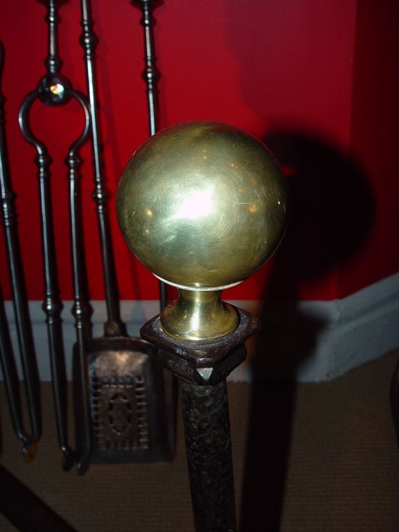 18th Century and Earlier English 18th C Brass and Wrought Iron Andirons