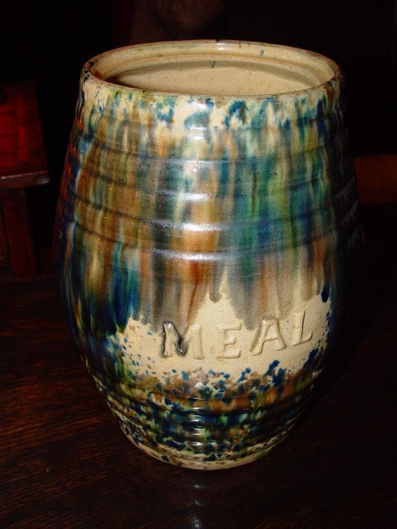 19th C English earthenware peacock glazeware hand-thrown barrel with the words Mead impressed on the front. Works also as a lamp or vase.