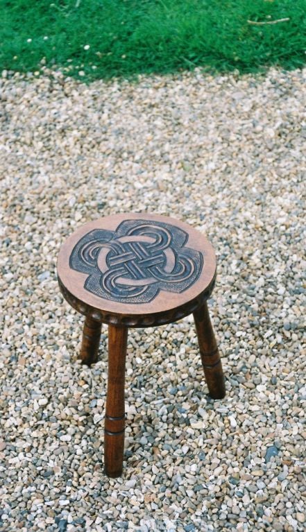 English Early 20th c. Arts & Crafts Stool with Celtic Carving