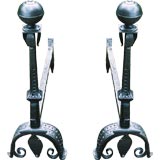 18th c. Italian Andirons with Scroll Feet and Bronze Finials
