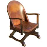 Antique Arts & Crafts Tub-Back Saddle Seat Hide Covered Leather Armchair