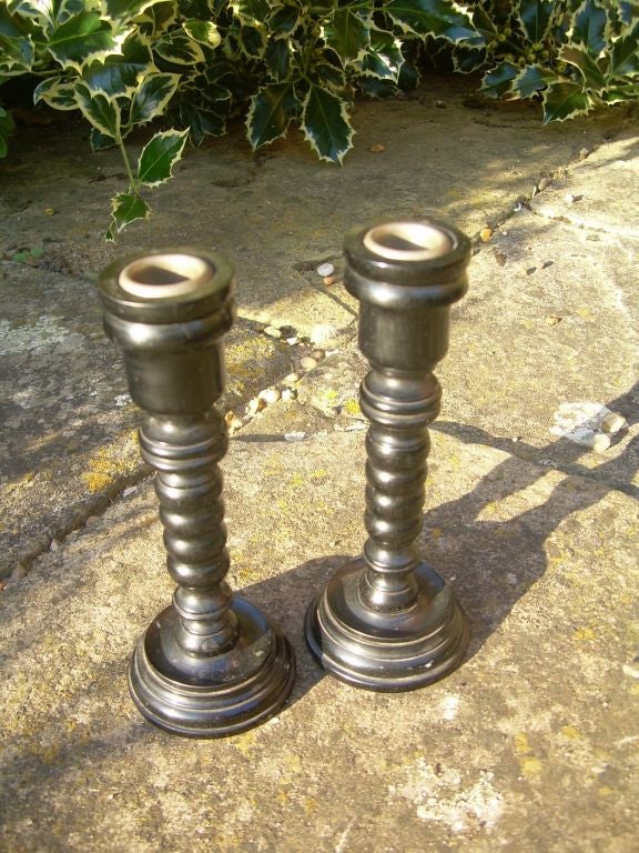 Early 20th c. English Bobbin Turned Solid Ebony Candlesticks