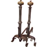 17th C Italian Wrought Iron and Bronze Finial Andirons