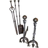 Pair of Bronze and Wrought Iron Andirons shown with Firetools