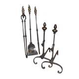 Pair of Early 18th c. Andirons and Set of Three Firetools