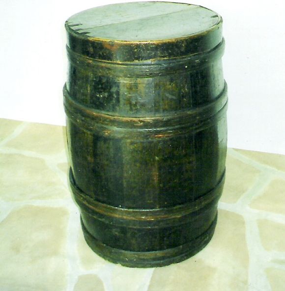 19th C Swedish banded tobacco barrel in original Spanish-brown paint.