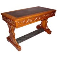 English Gothic Revival Leather Top Writing Table 1