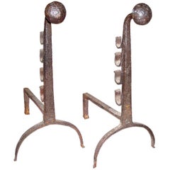 18th C English Blacksmith-made Pair of Andirons