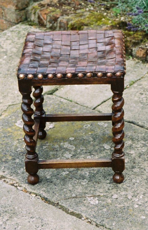 Late 19th c. English Arts & Crafts Leather Strap Woven Stool