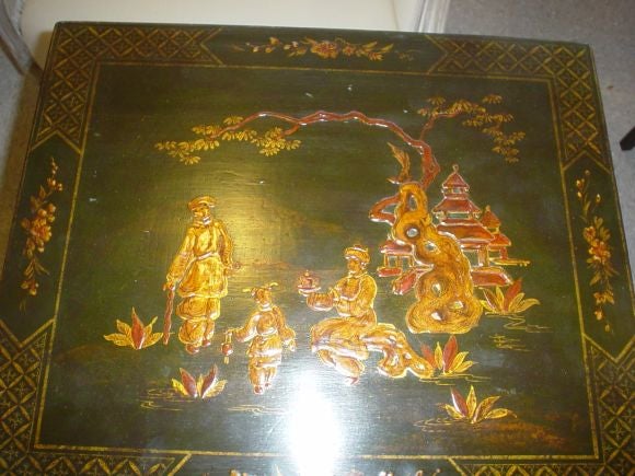 Pair chinoiserie lacquered side tables with central drawers