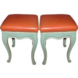 Pair painted leather- upholstered benches Pair painted leather- upholstered benches