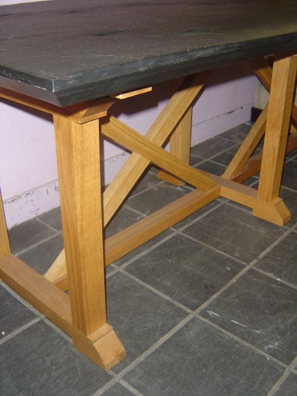 Exceptional Slate-Top Oak Table On  X  Stretcher Base
