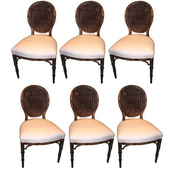 Set 6, Oval-back, caned, faux-bamboo dining chairs