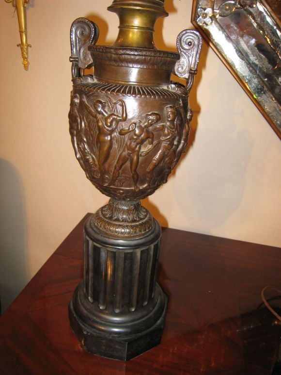 An Exceptional Pair Empire Bronze Lamps on Marble Base