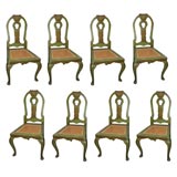 Set 8 Green-Painted Queen Anne Style Caned Dining Chairs