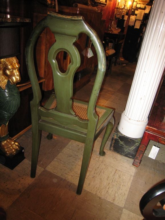 Set 8 Green-Painted Queen Anne Style Caned Dining Chairs