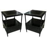 A Pair Ebonized, leather-top faux bamboo end tables/nightstands