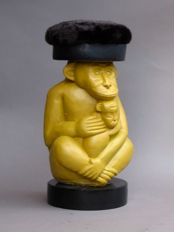 Multi-tasking, mother monkey offers her head as seat while coddling her offspring. Perhaps made by pagan tribe for fertility ritual, but more than likely made by local artist, these are absolutely somewhat old. Offered as set. Seat swivels. Fun!!