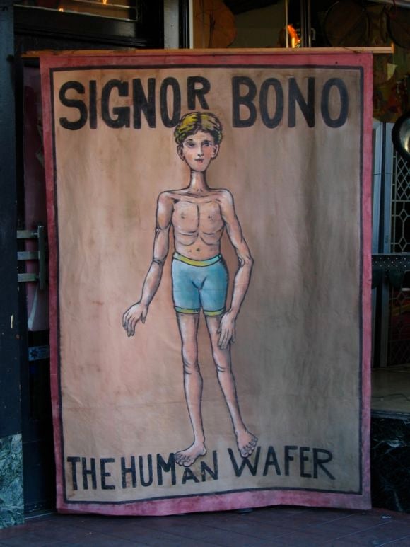 From a circus side show, depicts human skelton 