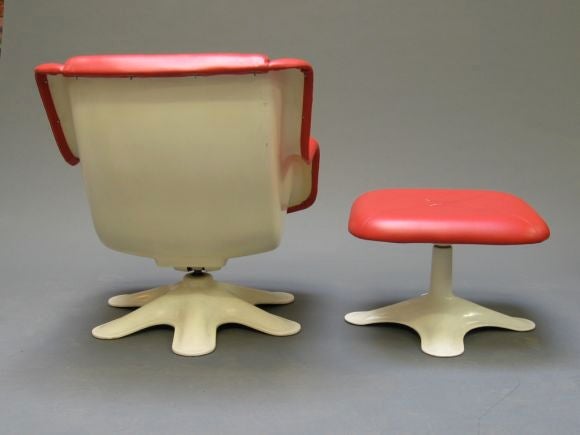 Mid-20th Century Red Leather Kukkapuro Lounge Chair and Ottoman