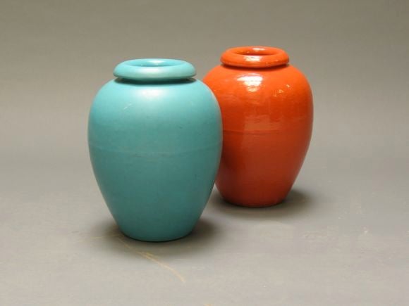 Two Bauer oil jars, one with 1930's uranium enriched brillant orange (later ones are more earthy-toned) and a 1930's turquoise blue one. Both have the heavier walls and hand smoothed texture absent in similiar later ones. Turquoise one has a factory