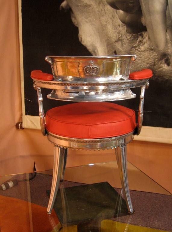 High style! These gorgeous chairs were custom designed by Dorothy Draper for the Fairmont hotels Crown Room. This pair is upholstered lip stick red leather. priced as pair