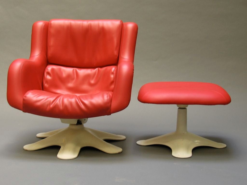 Mid-20th Century Red Faux Leather Kukkapuro Lounge Chair and Ottoman