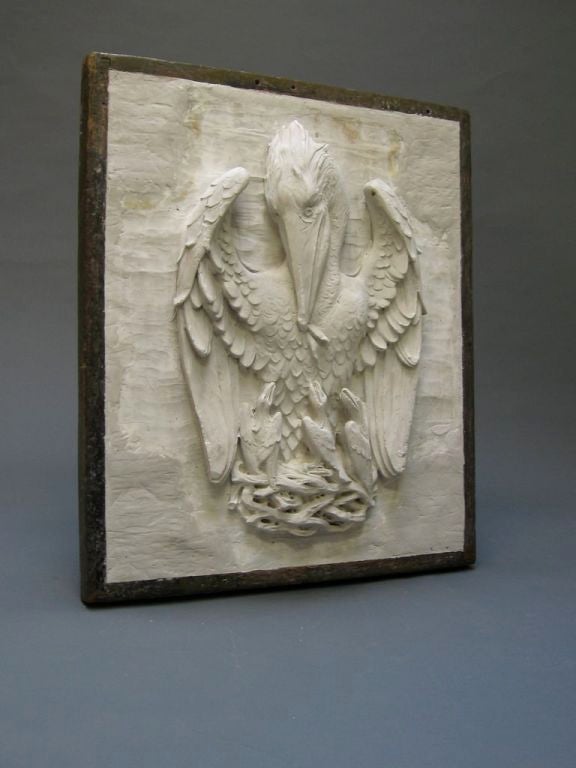 Zoological plaster relief of mother pelican and young, modeled and cast at the  famed P.P. Caproni and Brother Studios of Boston. Caproni Studios were active from 1890's through 1940's (the label on this piece, the company's earliest mark is pre