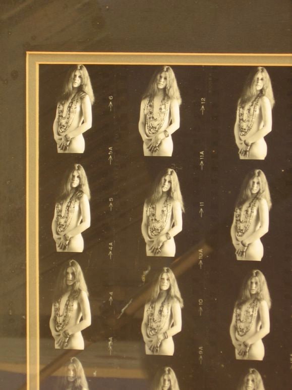 36 different photograhic images of Janis Joplin nude. Tear sheet style, this is a real period photograph (not an offset print) acquired from Marty Balin's father (lead singer of the Jefferson Airplane) in period frame and matt. This is truly an