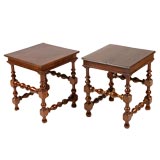 Pair of Rosewood tables with turned legs and stretchers.