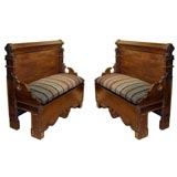 Pair of high backed benches iwth vintage wool cushions.