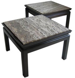 Pair of Travertine and Walnut side tables by Robsjohn Gibbings
