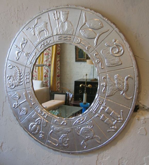 One of a kind zodiac mirror, aluminum gilt over pressed wood.