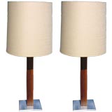 Pair of Walnut and Steel Lamps