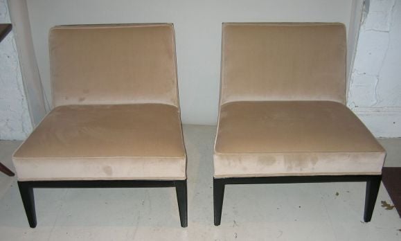 Beautifully proportioned slipper chairs with all the fixin's... elegant caned back, slightly flaired rear legs, handsome carved detailing. Original caning and finish are in wonderful condition.